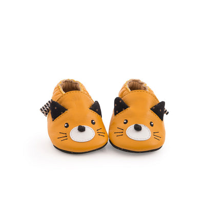 Chaussons en cuir-Chaussons-Moulin Roty-chat jaune moutarde-0-6 mois-mombini.shop